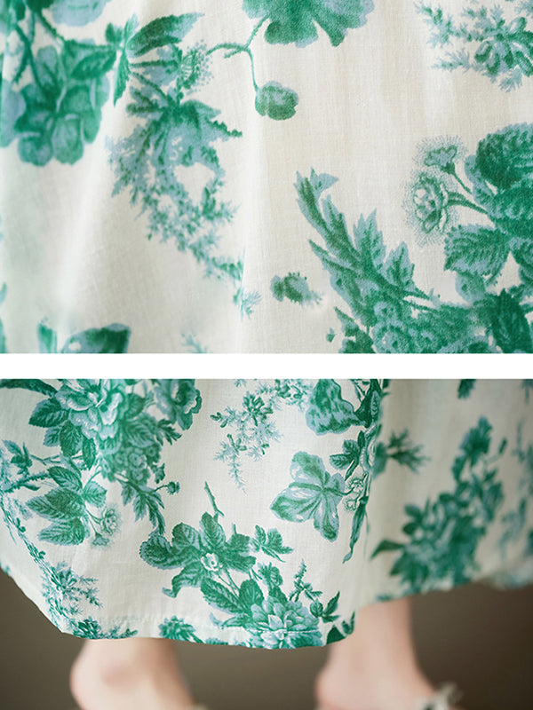 Loose Short Sleeves Printed Pleated Split-joint Round-neck Midi Dresses