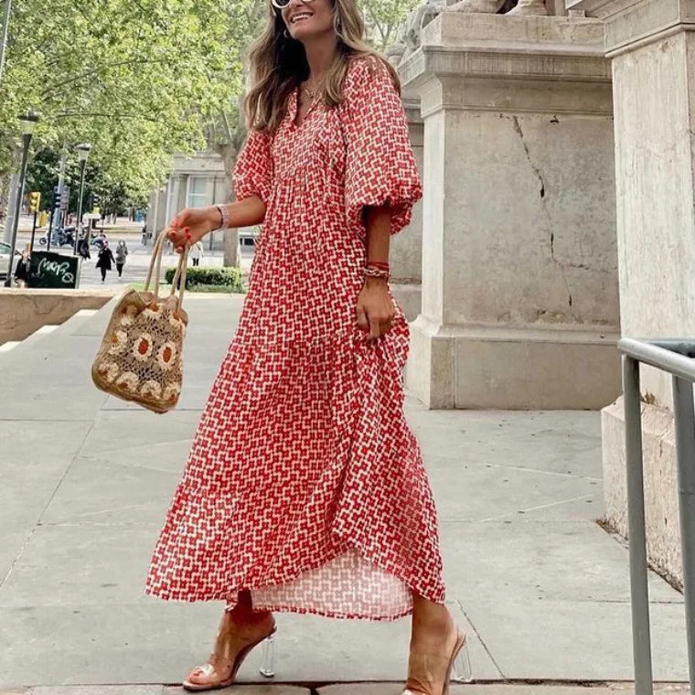 Autumn Dresses for Print Ruffles Loose Long Dress Office Beach Style V Neck Vestidos