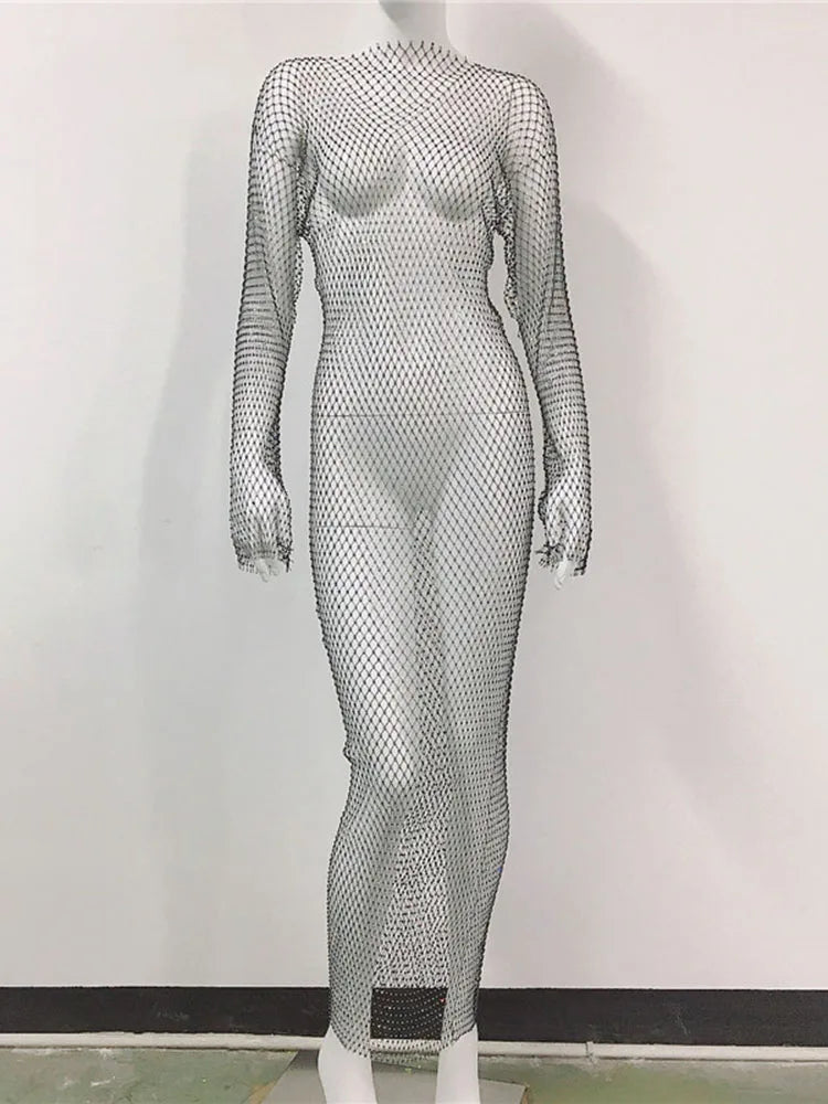 Rhinestone Mesh Mini Dress Summer Open Back Slit Long Dresses Beach Babes See Through Fishnet Skirt