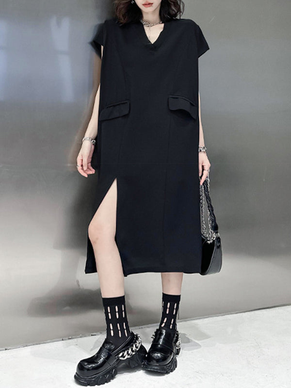 Loose Short Sleeves Asymmetric Color Split-joint Split-side V-neck Midi Dresses