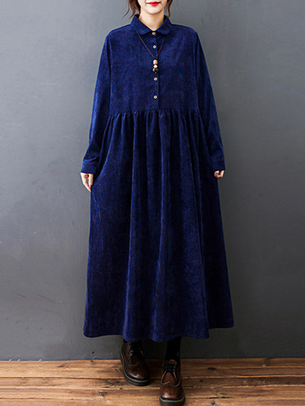 Split-joint Color Long Sleeves Lapel A-line Corduroy Midi Dress