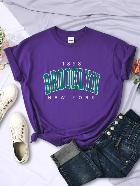 1898 Brooklyn New York Print Short Sleeve T-shirts All-math Crewneck Breathable Female Clothing