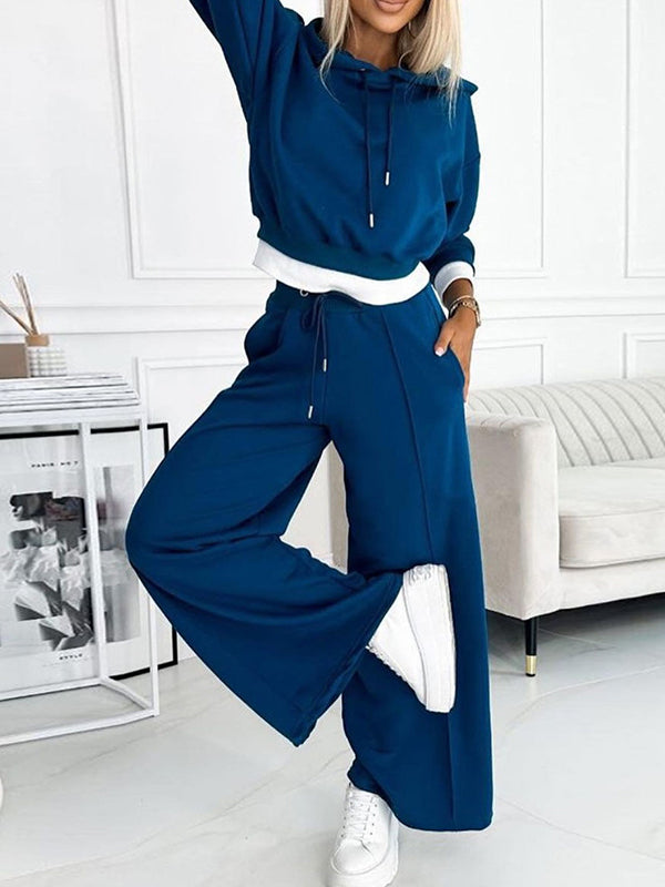 Color Hoodie and Wide Leg Pants Two-piece Set