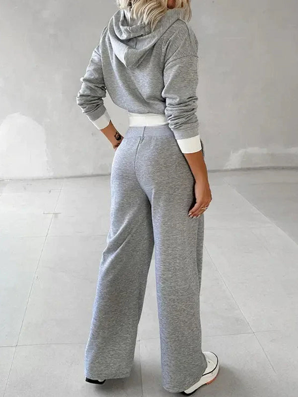 Color Hoodie and Wide Leg Pants Two-piece Set