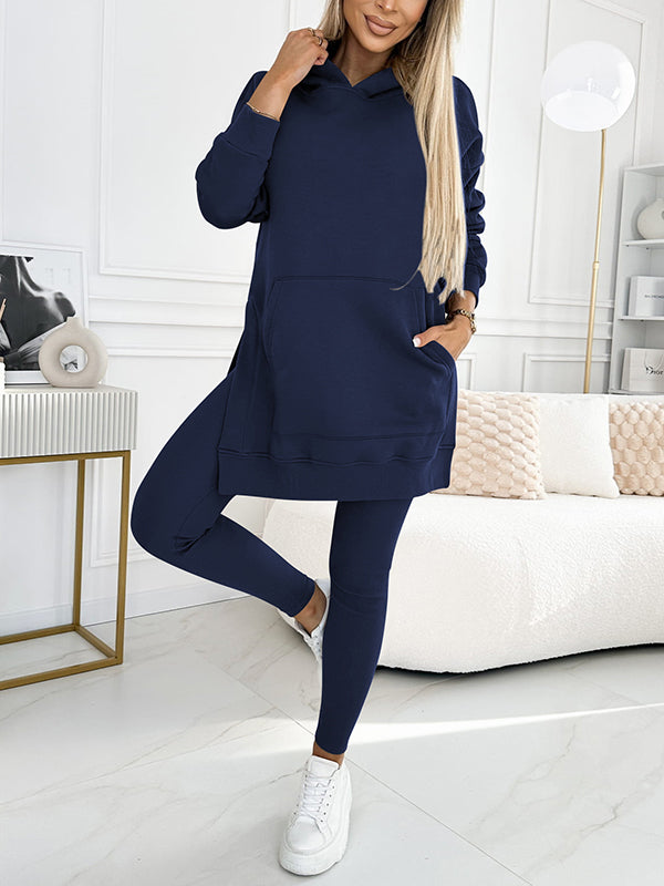 (s-5xl) Color Hoodie and Lined Leggings Two-piece Set