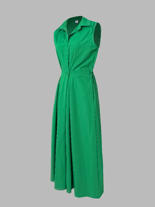 Sleeveless Color Lapel Midi Dresses