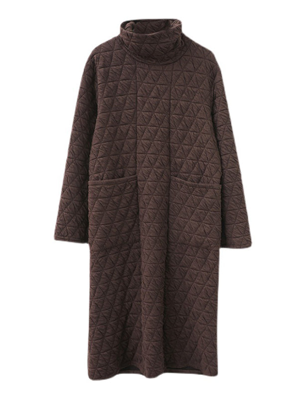 Long Sleeves Loose Color Textured High-neck Cotton Padded Midi Dresses
