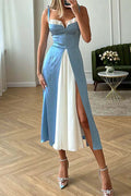 New Splicing Suspenders Slit Midi Dress