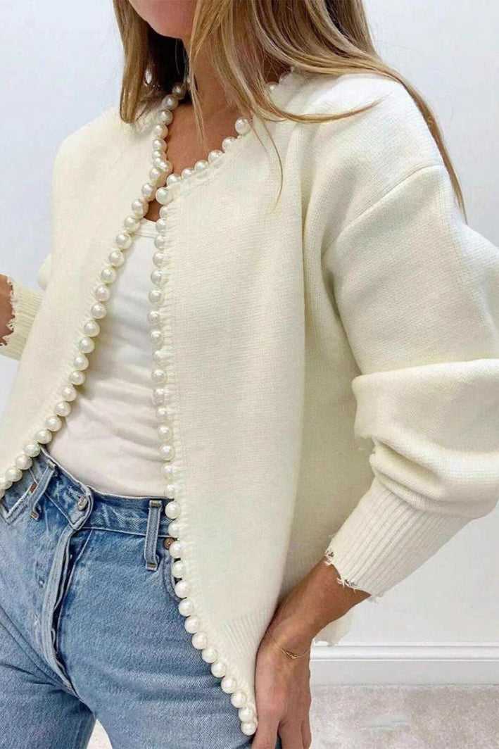 Pearl-trimmed Crew-neck Heavy-detail Knit Cardigan