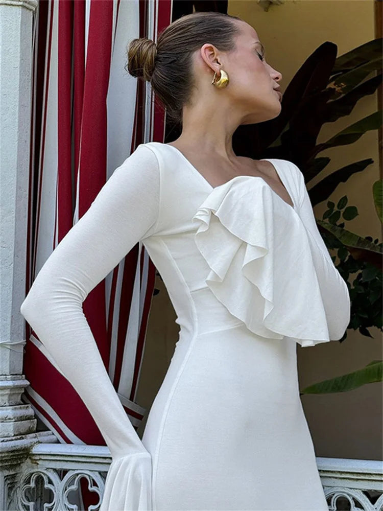 Autumn Ruffled Maxi Dress ’s High Waist Long Sleeve Commute Patchwork Party Dress Female Clothes
