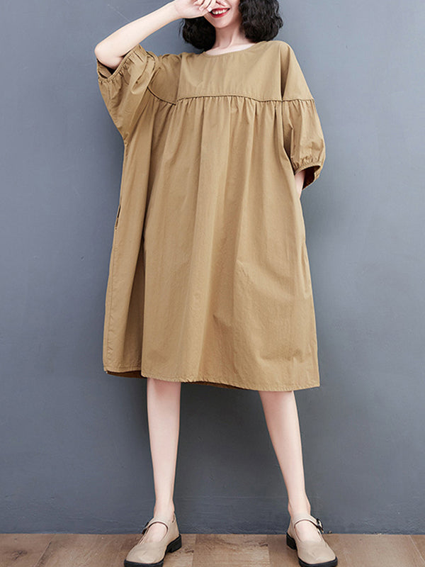 Loose Short Sleeves Color Round-neck Midi Dresses