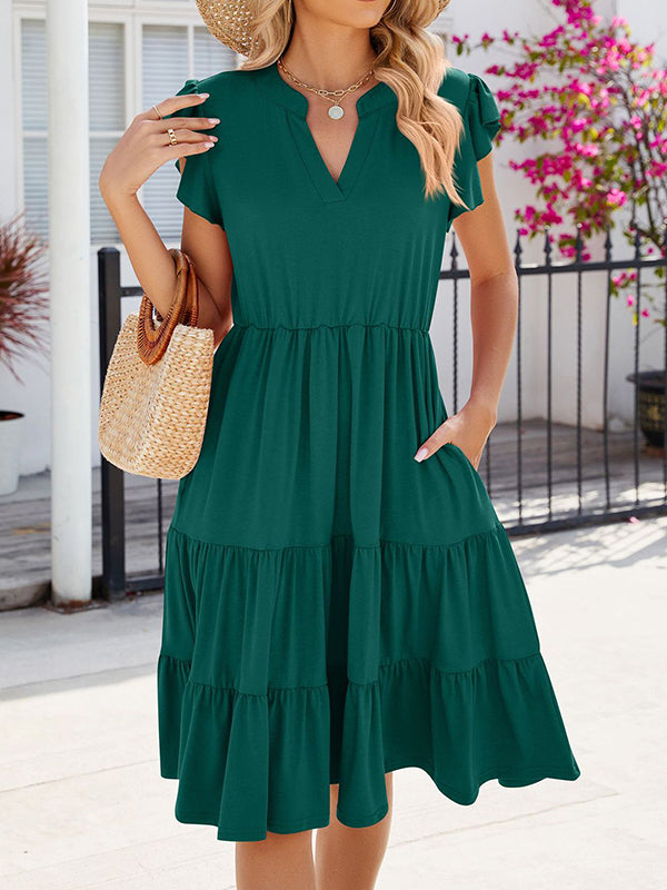 Loose Ruffle Sleeves Pleated Pockets Color Split-joint V-neck Midi Dresses