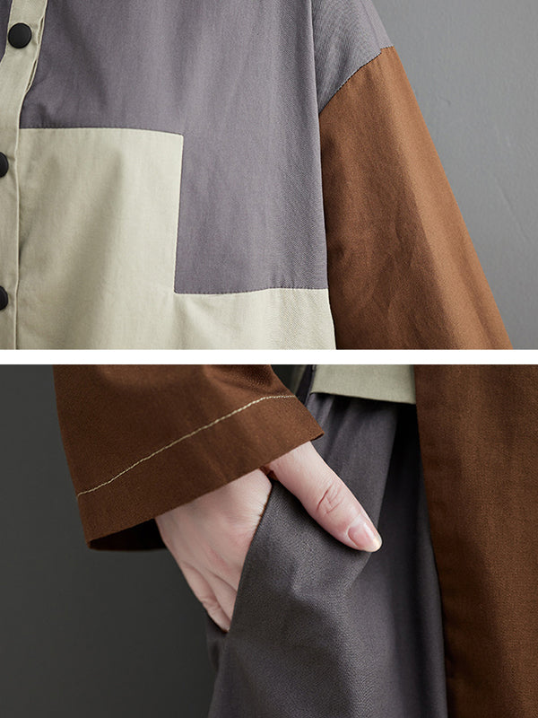 Loose Long Sleeves Contrast Color Polo Midi Dresses