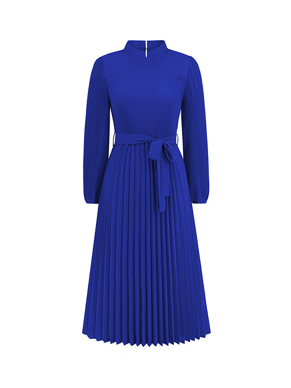 Bishop Sleeve High Waisted Hollow Pleated Color Tied Waist Mock Neck Midi Dresses