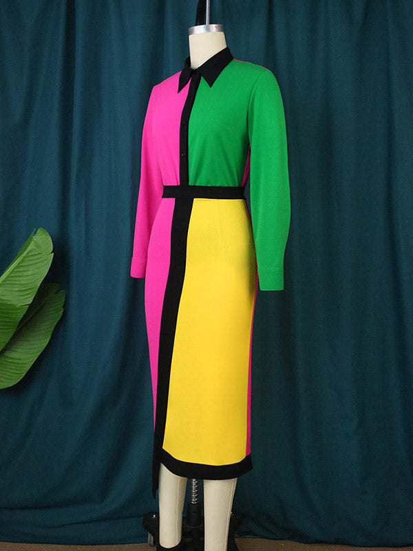High Waisted Long Sleeves Asymmetric Buttoned Contrast Color Split-back Lapel Midi Dresses