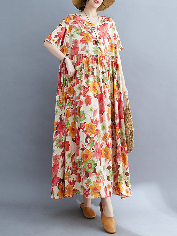 Loose Short Sleeves Pleated Printed Split-joint Round-neck Midi Dresses