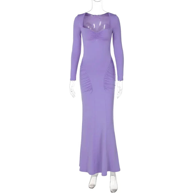 Long Sleeve Party Dresses High Waist Slim Fit ’s Evening Dress Color Pleated Long Dresses