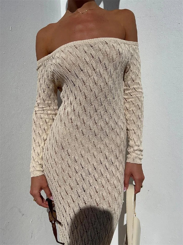 Knit Off-shoulder Maxi Dress – Patchwork Hollow Out Knitwear Dress