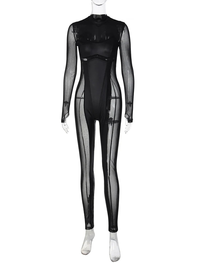 Patchwork Long Sleeve Jumpsuit Black Mesh See Through Rompers Jumpsuits High Street Overalls Outfits