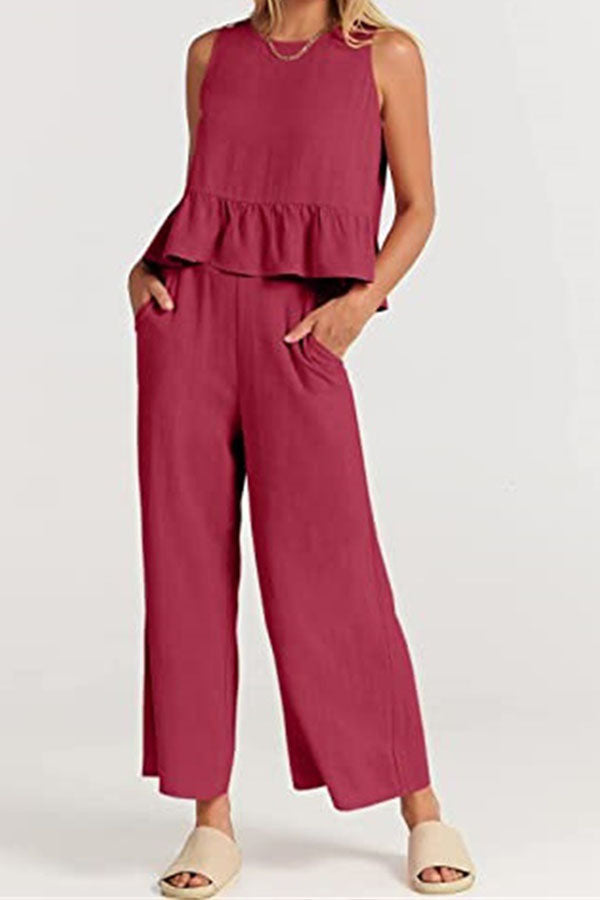 Sleeveless Pleated Vest Wide-leg Cropped Pants Suit