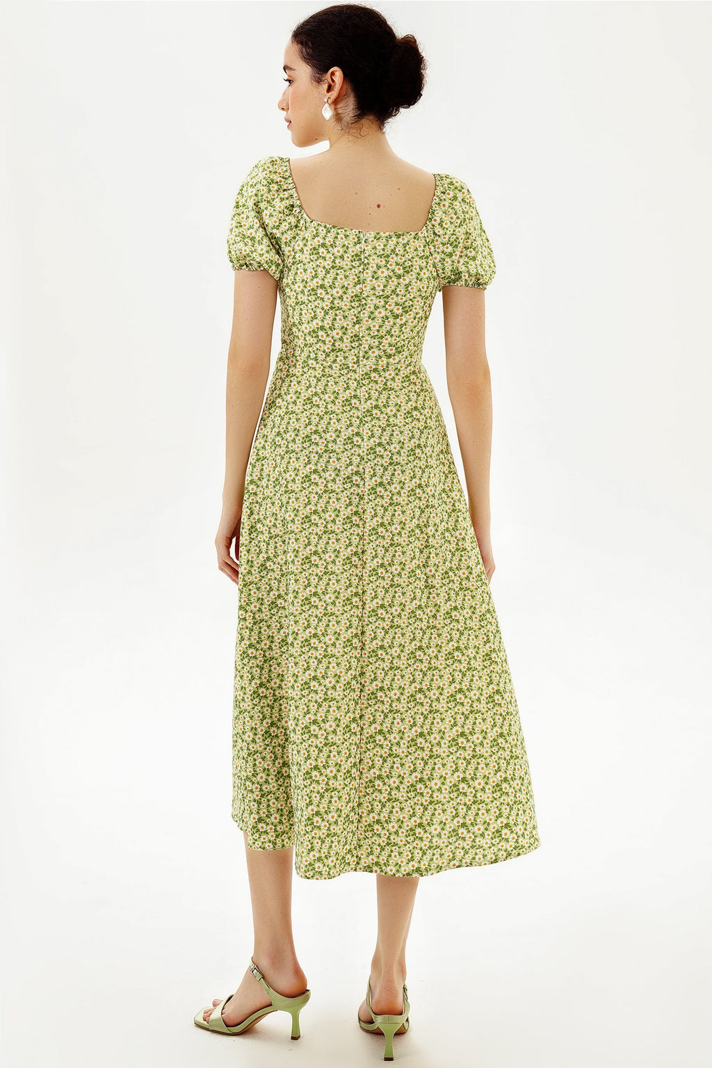 Slit Puff Sleeve Midi Dress