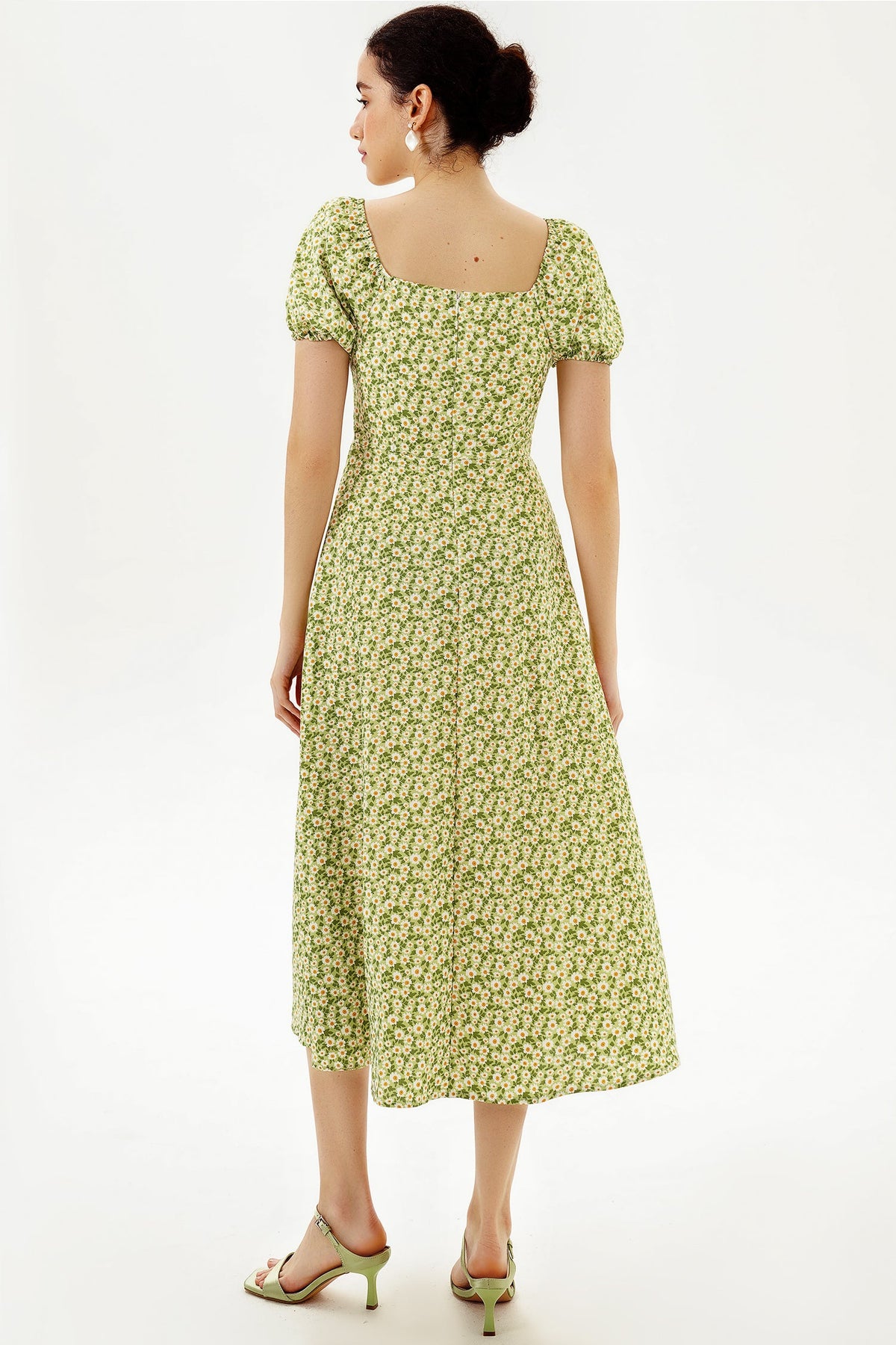 Slit Puff Sleeve Midi Dress