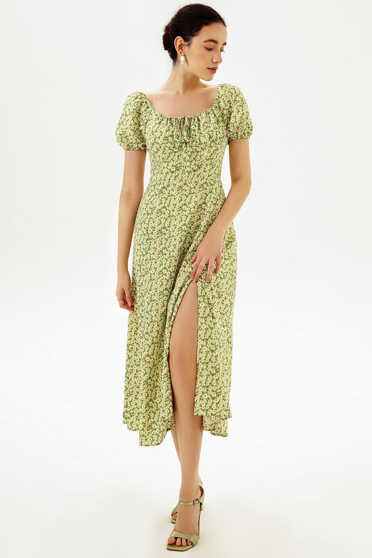 Slit Puff Sleeve Midi Dress