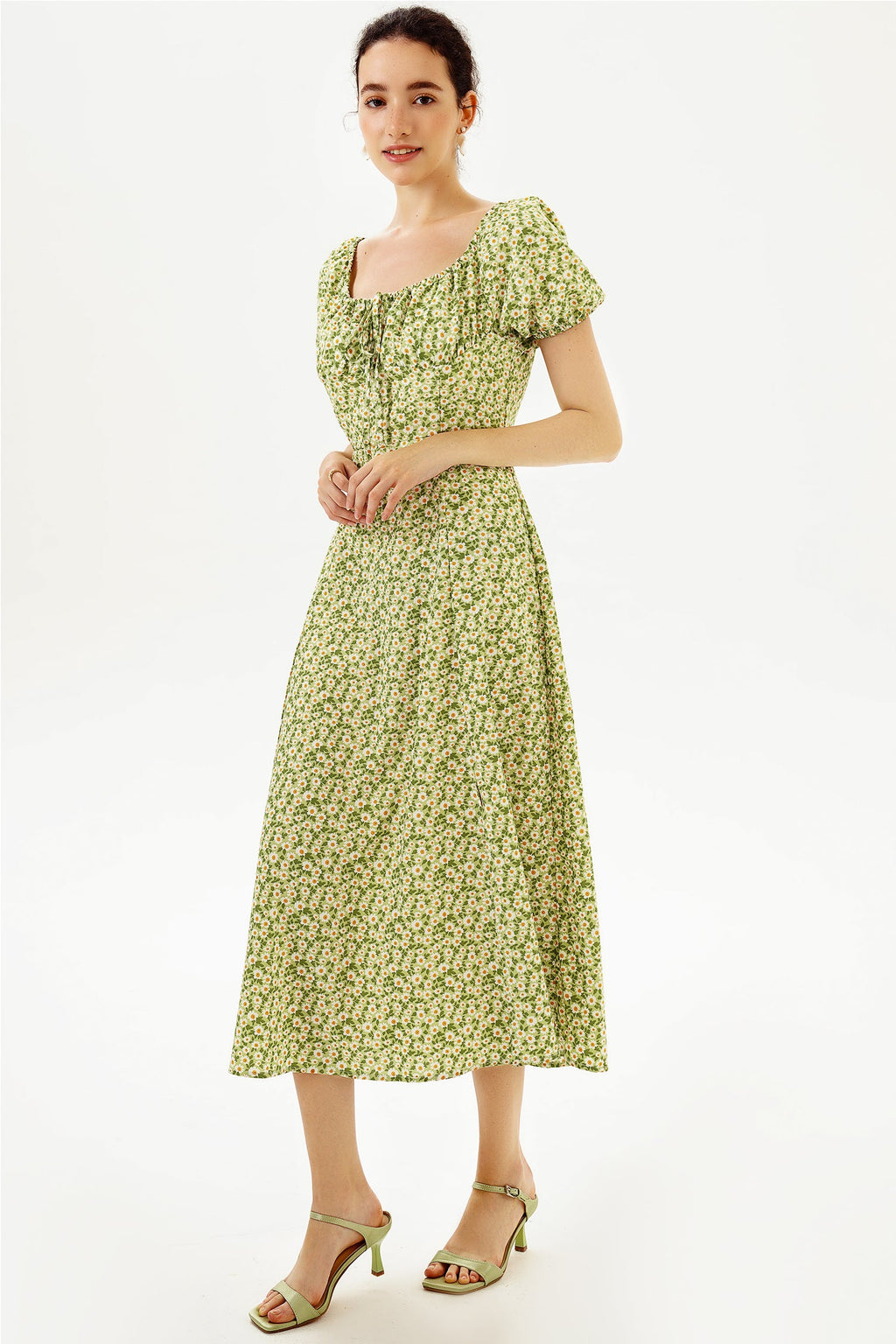 Slit Puff Sleeve Midi Dress