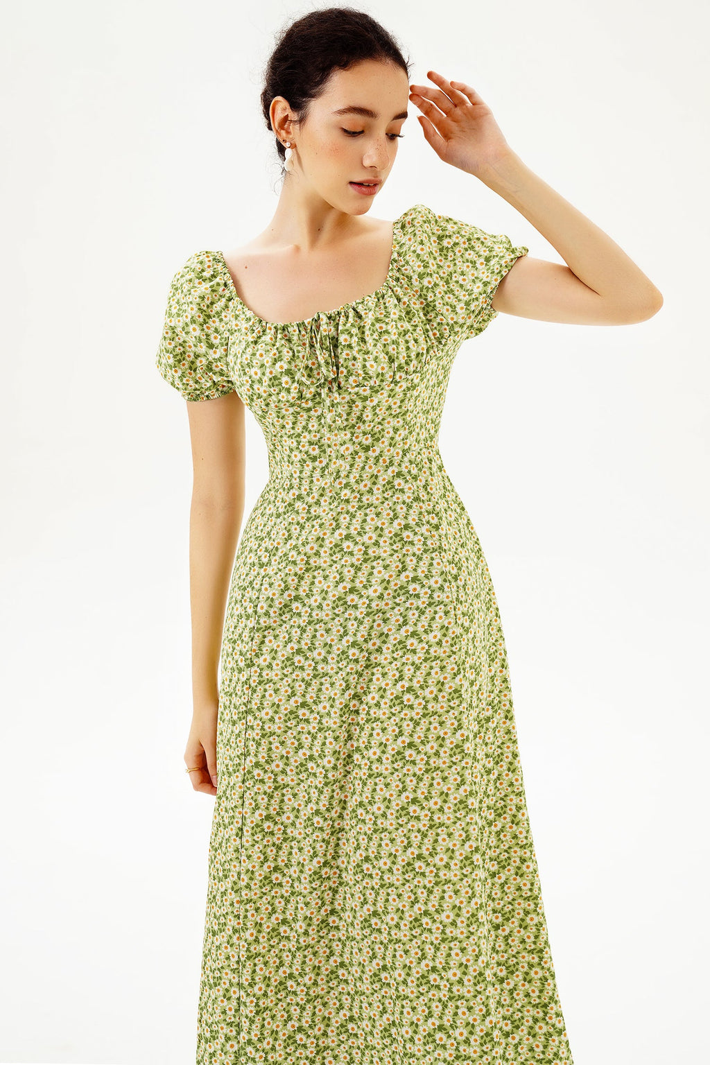 Slit Puff Sleeve Midi Dress
