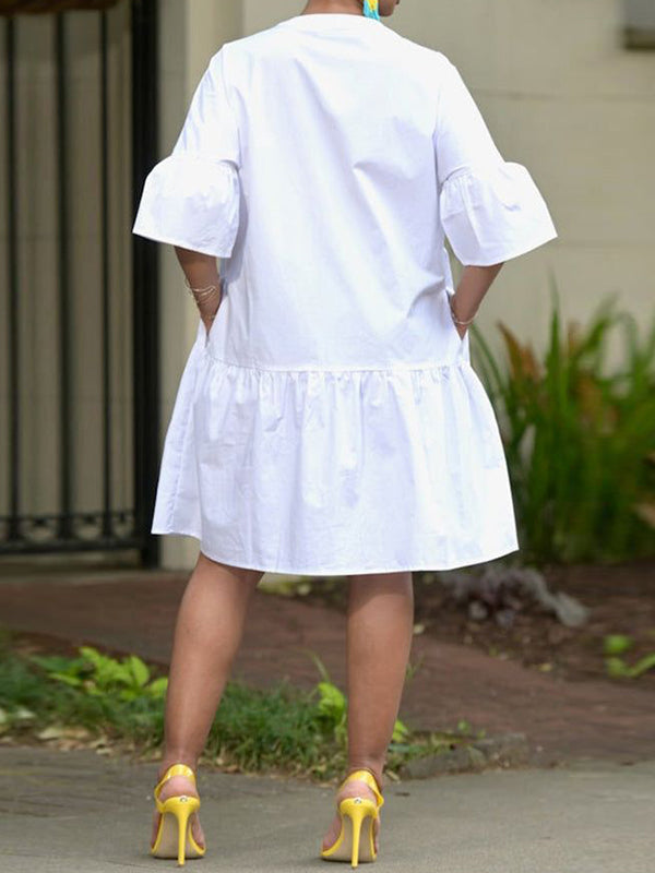 Loose Three-quarter Sleeves Asymmetric Buttoned Pleated Pockets Color Split-joint Round-neck Midi Dresses