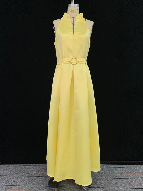 A-line Loose Belted Pleated Pockets Color V-neck Midi Dresses
