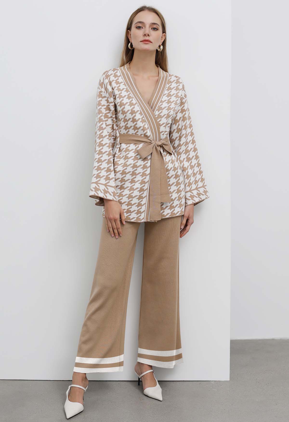 Khaki - Mid-length Knitted Cardigan Two Piece Set