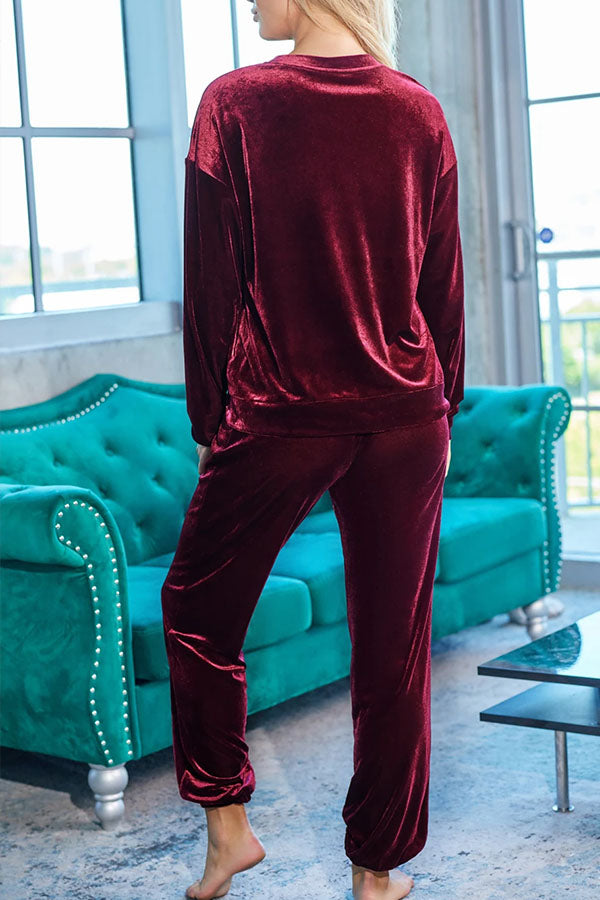 Red Velvet Round Neck Top & Drawstring Pants Longe Set