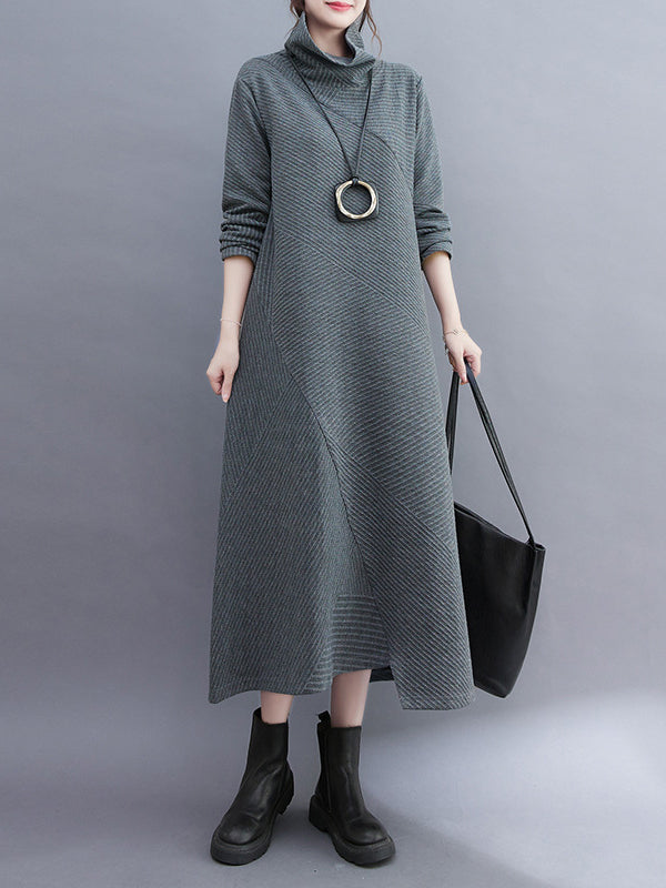 Irregularity Long Sleeves Color High-neck Midi Dresses