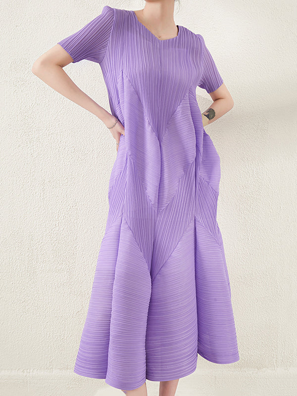 Short Sleeves Pleated Color Round-neck Midi Dresses