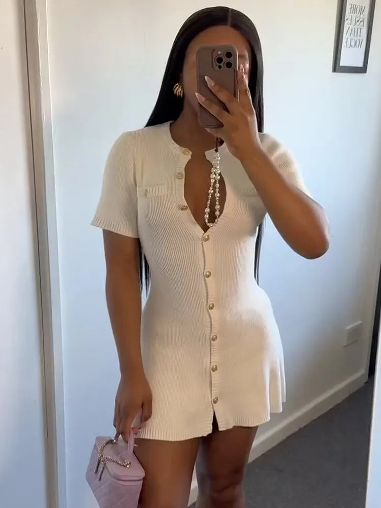 Color Knitted Mini Dress for Metal Button Slim Rib Sweater Dress Holiday Party Outfits Spring New