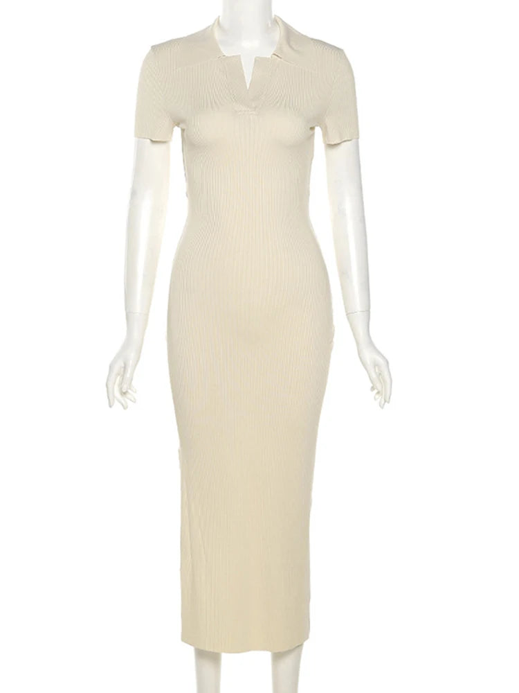 Knitted Short Sleeve Bodycon Maxi Dress Summer Backless Bandage Stretch Lady Dresses