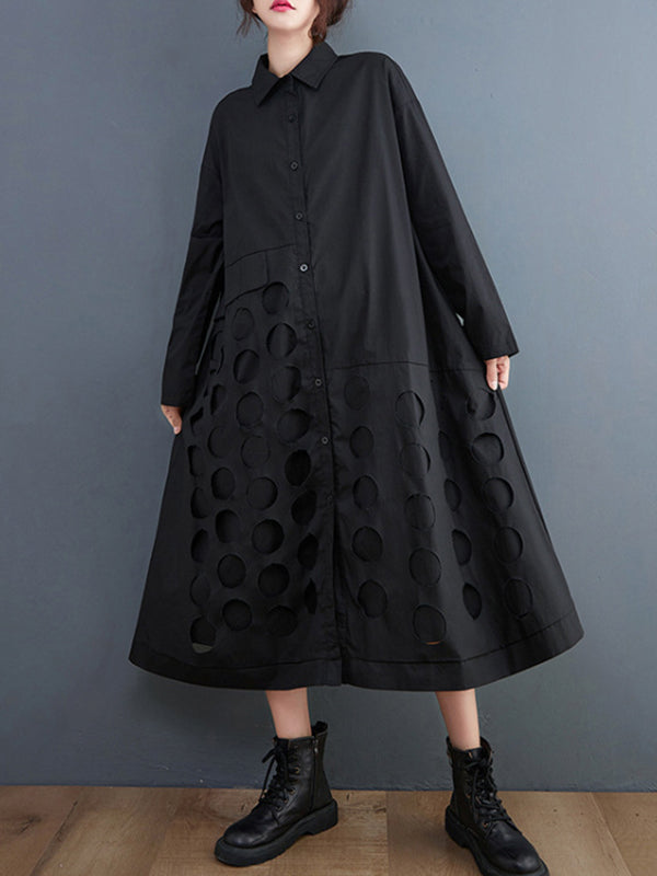A-line Long Sleeves Asymmetric Hollow Polka-dot Color Lapel Midi Dresses