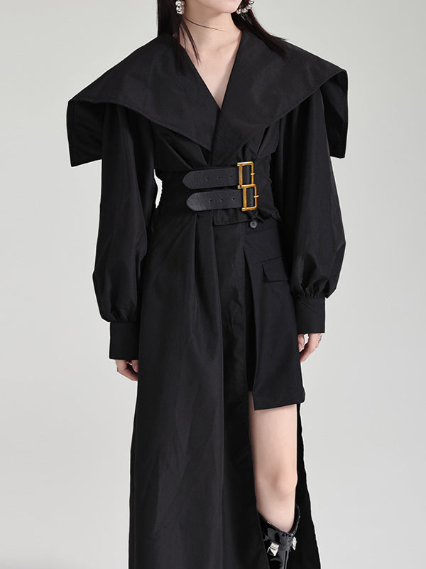 High Waisted Long Sleeves Asymmetric Belted Pleated Color Lapel Midi Dresses