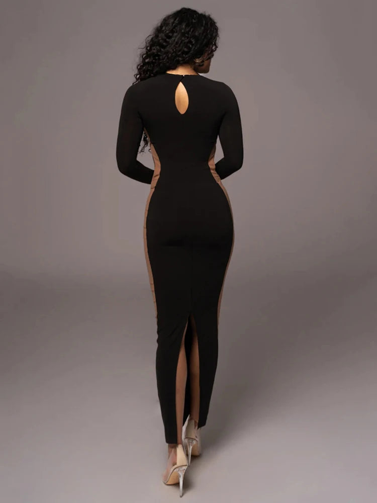 Autumn/winter Long Sleeve Hollow Out Split Dress for Bodycon Elastic Tight Maxi Dress Female Party Club Vestidos