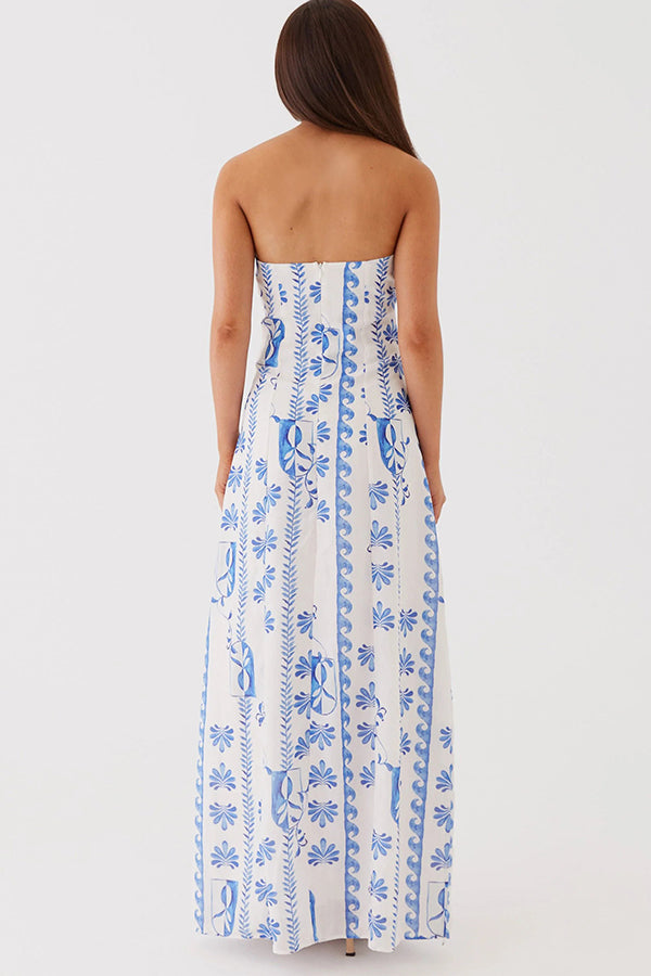 Freya Linen Blend Wave Print Ruched Bust Strapless Maxi Dress
