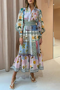 Playfully Unique Print Balloon Sleeve Smocked Waist Shirt Midi Dress