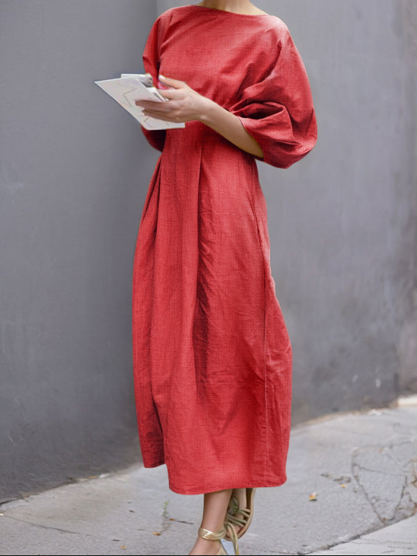 Half Sleeves Loose Color Round-neck Maxi Dresses Midi Dresses