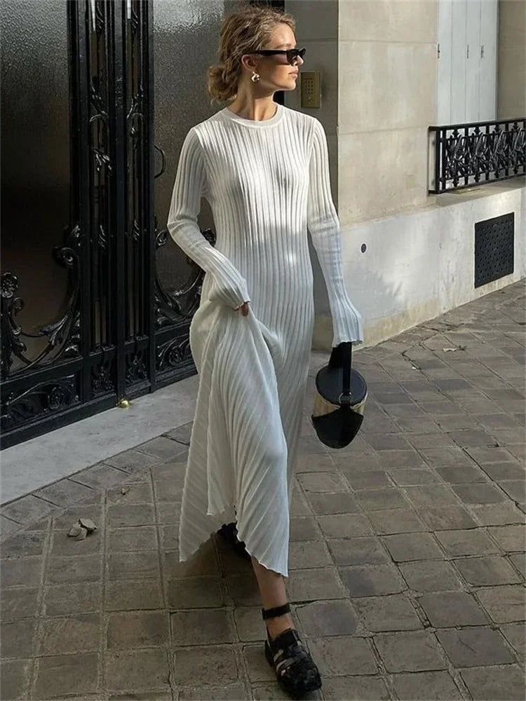 Lace-up Female Knit Maxi Dress – Autumn High Waist Patchwork Long Sleeve Bandage Knitwear Dress