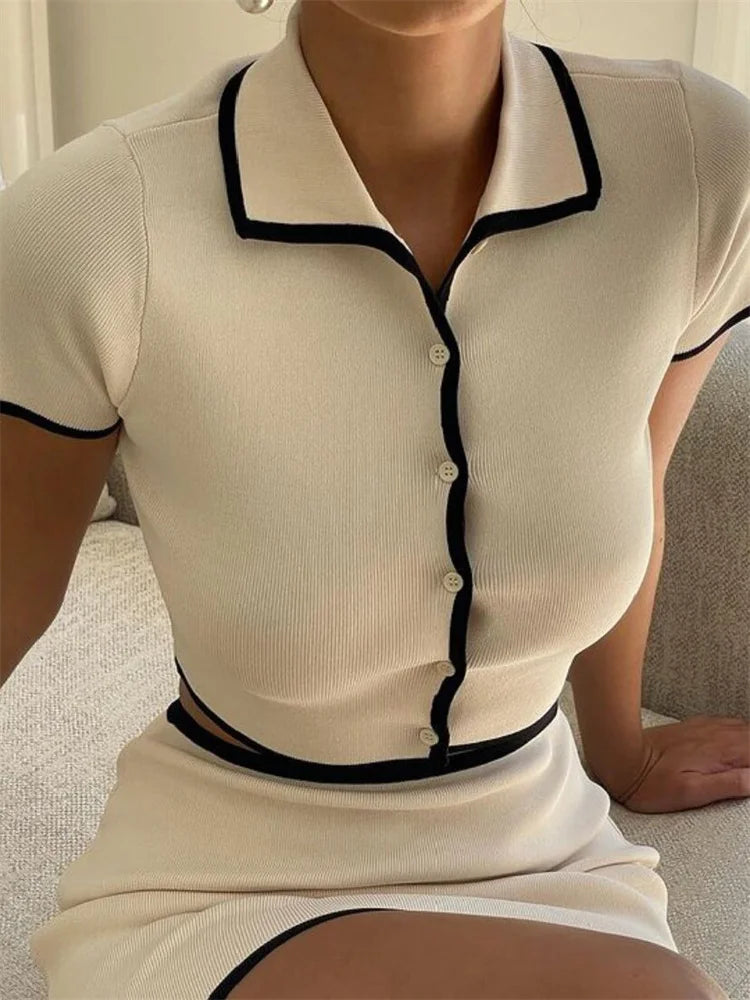 Knit Sweater 2 Piece-set Lapel Cropped Short Sleeve Cardigan and Mini Skirt Sets Female Knitwear Short Skirt Outfits