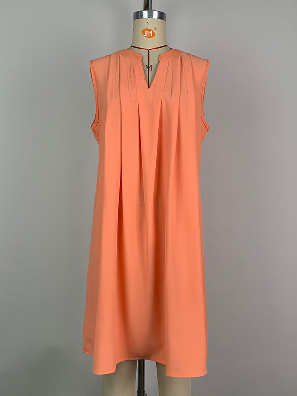 Loose Sleeveless Pleated Color V-neck Mini Dresses