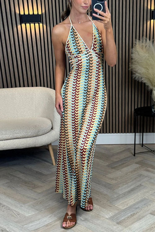 Halter V Neck Backless Color Block Crochet Maxi Dress