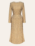 Sequin Decorated Velvet Midi Dress in Beige