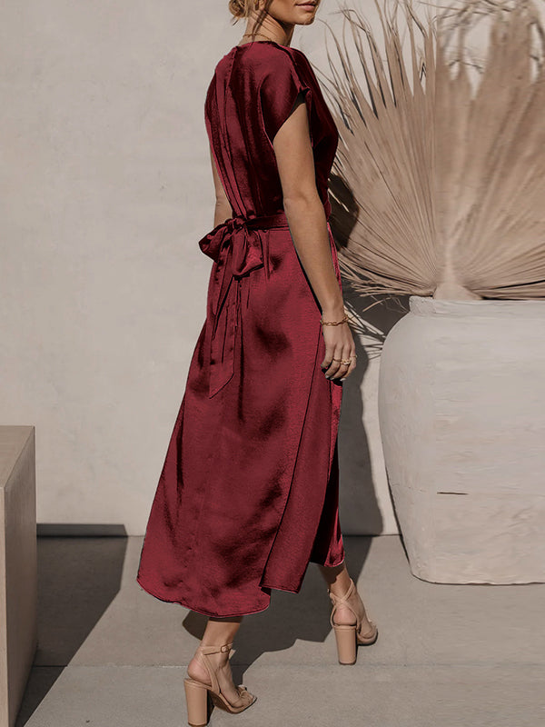 Loose Short Sleeves Color Split-joint Tied Waist Round-neck Midi Dresses