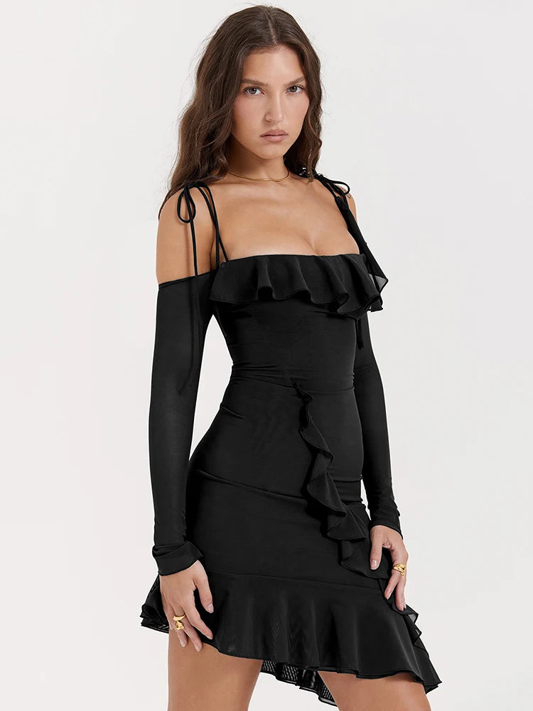 Strap One Line Neck Double Layer Long Sleeve Dress ’s Slim Fit Ruffles Irregular Mini Dress Sweet Party Club